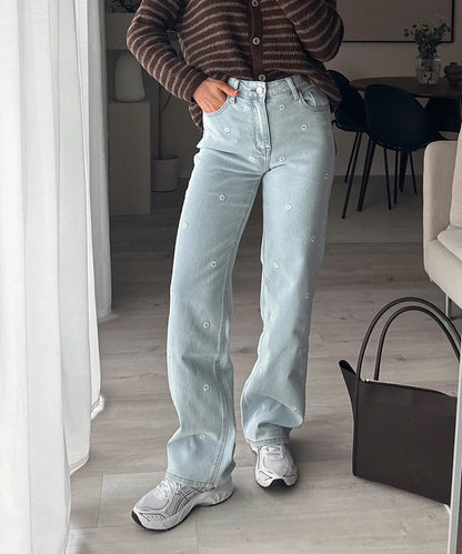 Vaqueros rectos elásticos flor | Ezentia.Couture